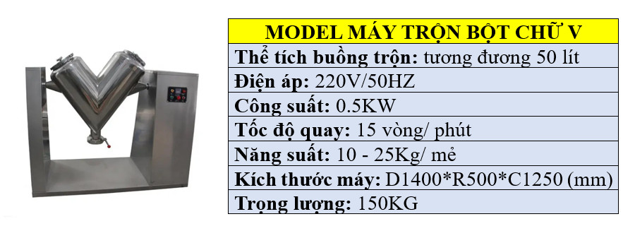 Thông số kỹ thuật của máy trộn bột chữ V