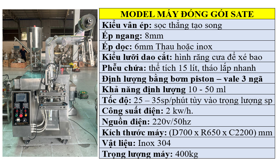 Thông số kỹ thuật của máy đóng gói sốt