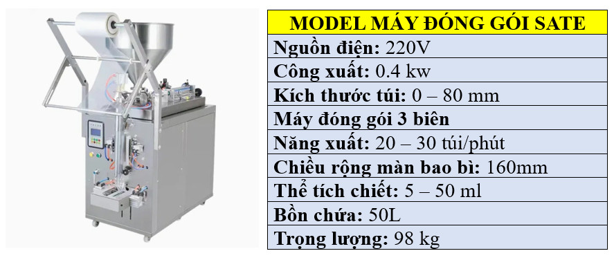 Thông số kỹ thuật của máy đóng gói tương ớt mini