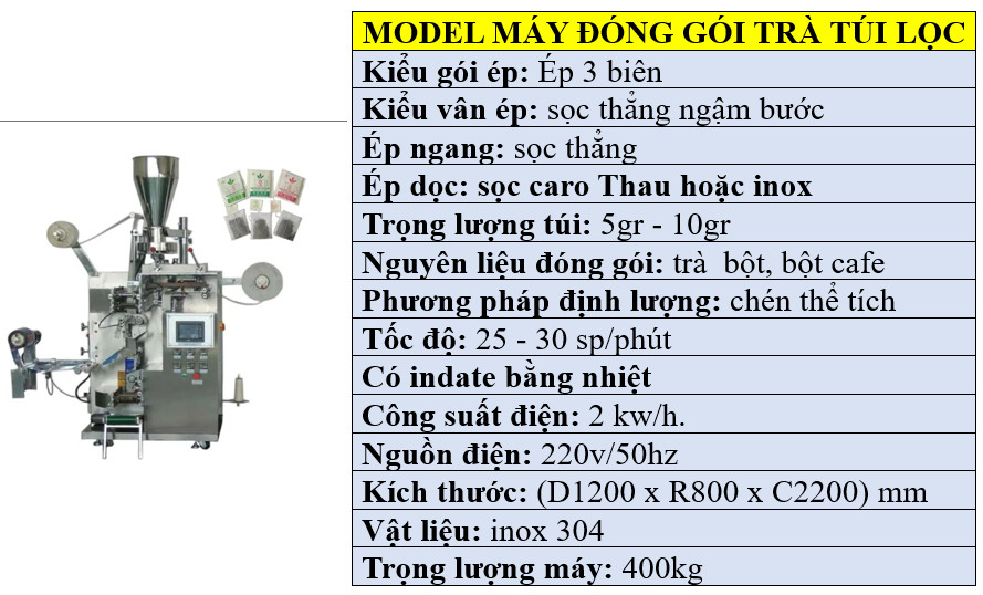 Thông số kỹ thuật của máy đóng gói trà túi lọc 5 trong 1