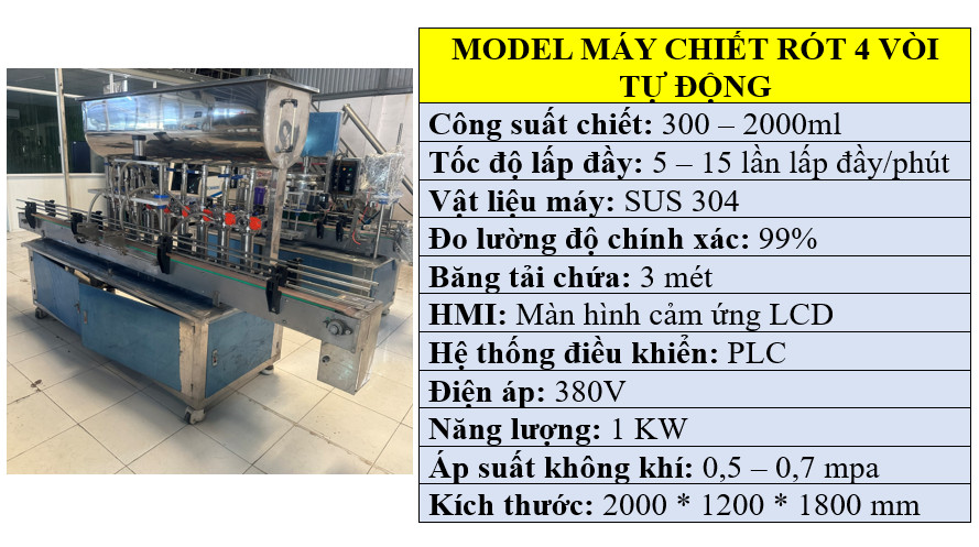 Thông số kỹ thuật của máy chiết rót tự động 4 vòi